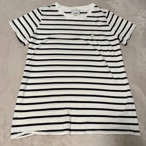 Allude Striped Wine Glass Graphic T-Shirt Women White Small Short Sleeve Cotton
